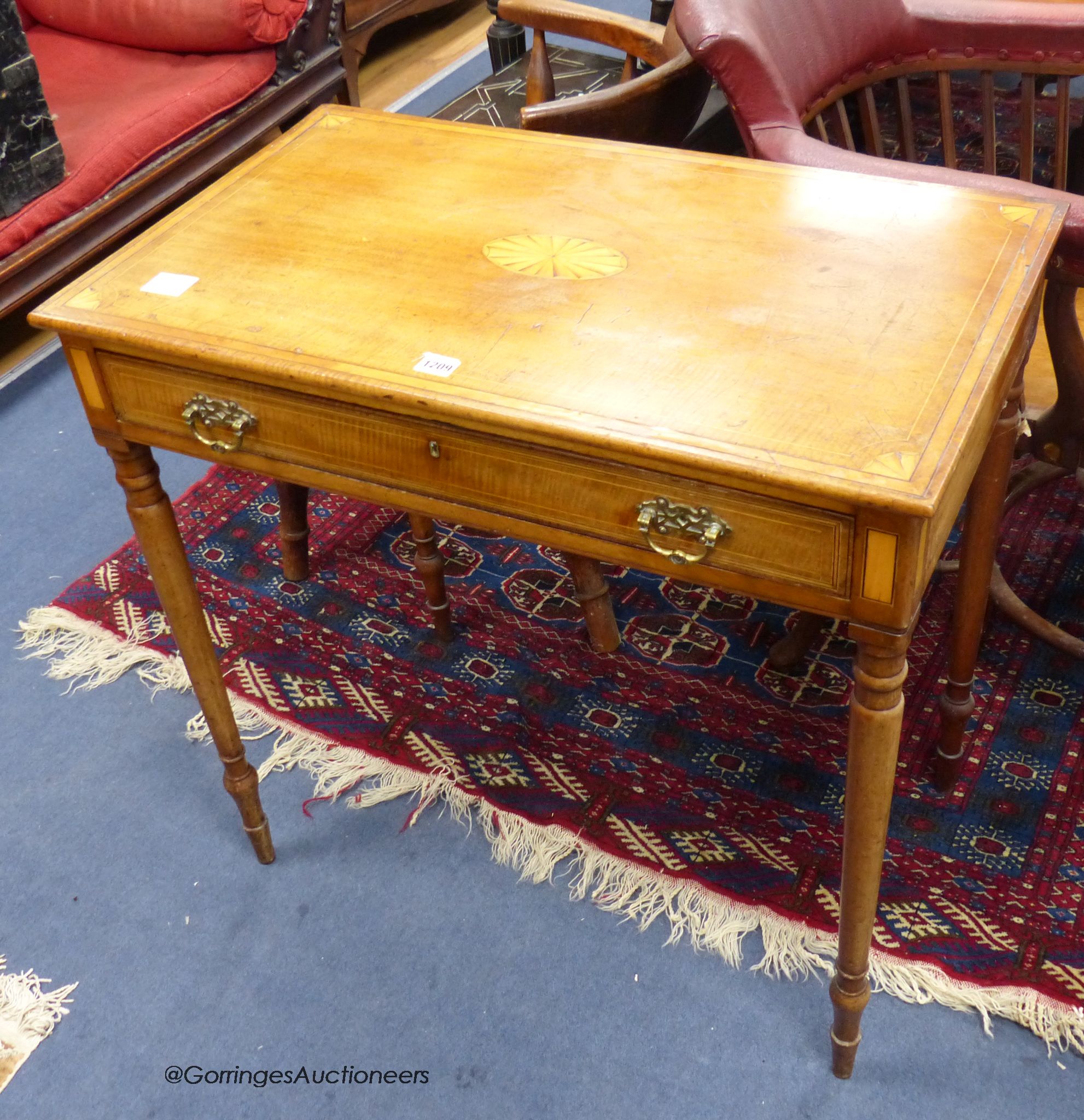 A 19th century inlaid mahogany side table. W-78, D-46, H-76cm.